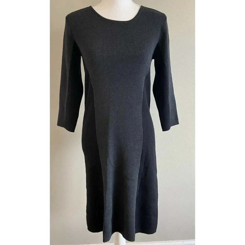 Women's Eileen Fisher Sheath Dress Long Sleeve Wool Black Gray Extra Small XS